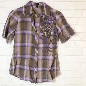 Fang Rhinestone Purple & Brown Plaid Short Sleeve Button Down Women's Size M